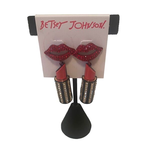 Betsey Johnson Glittery Red Lips & Lipstick Drop Earrings.  Sexy and Fun! - Picture 1 of 6
